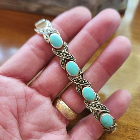 Vintage Sterling Turquoise Marcasite Tennis Bracelet